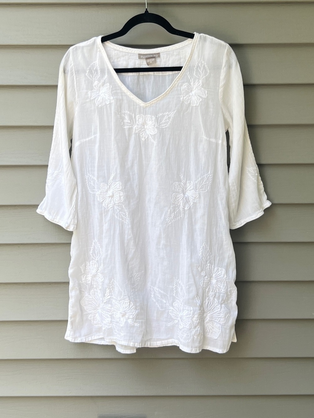 Peppermint Bay White Embroidered Cotton Tunic Blouse Women's Size M